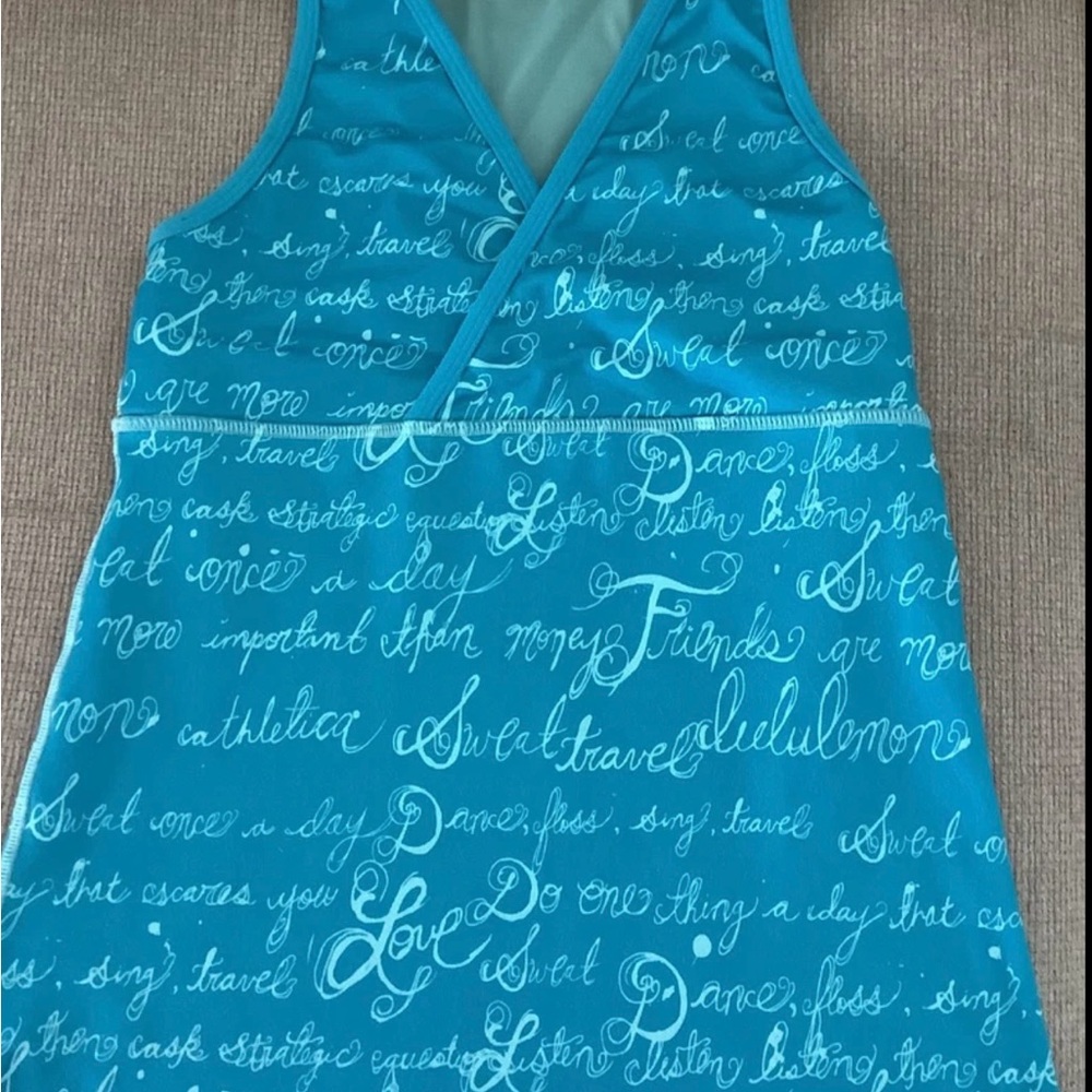 Luluemon athletica Deep V Neck Teal Blue Cursive Tank Top (Small)